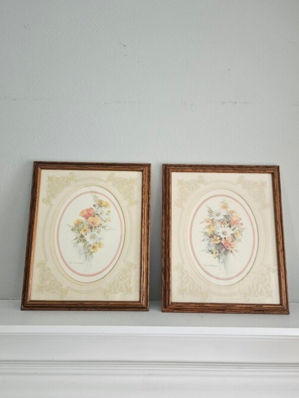 Vintage Rosalind Oesterle Framed Watercolor 'Spring Bouquet'' Artwork- Set Of 2-
